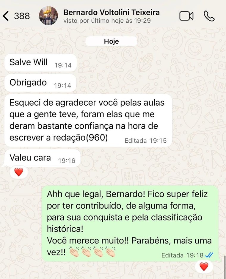 Mensagem de WhatsApp do aluno Bernardo agradecendo as aulas e contando que tirou 960 na redação do ENEM