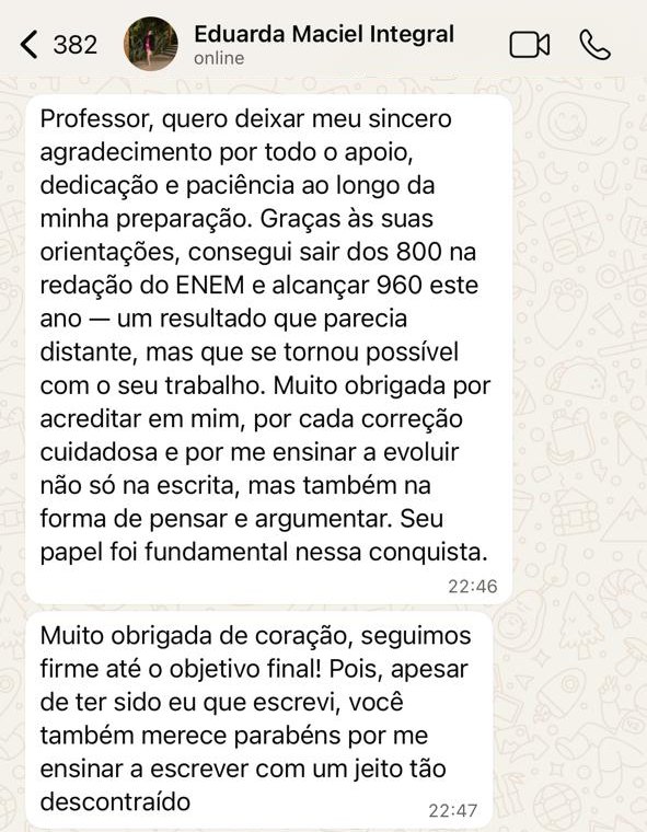 Mensagem de WhatsApp da aluna Eduarda contando que saiu dos 800 e alcançou 960 na redação do ENEM
