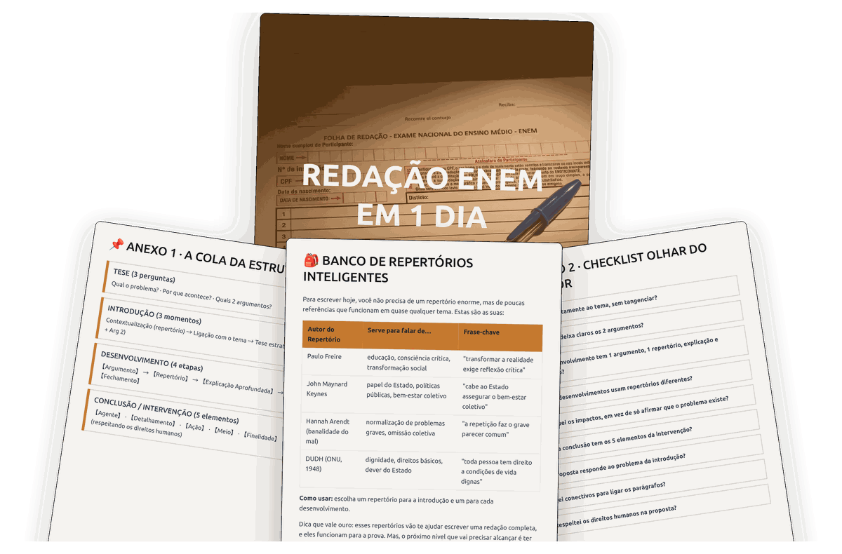 E-book Redação ENEM em 1 Dia: capa e páginas internas com a cola da estrutura, o banco de repertórios e o checklist de autocorreção